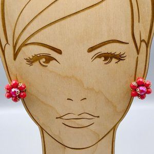 Vintage Lustrous Red Cluster Earrings, Unique Clip Ons from Mid Century Hong Kon